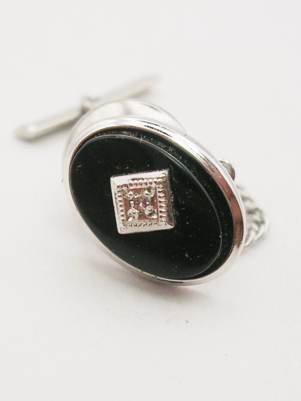 Vintage Sterling Silver Tie Tack Pin Diamond Chip Black Onyx Gemstone